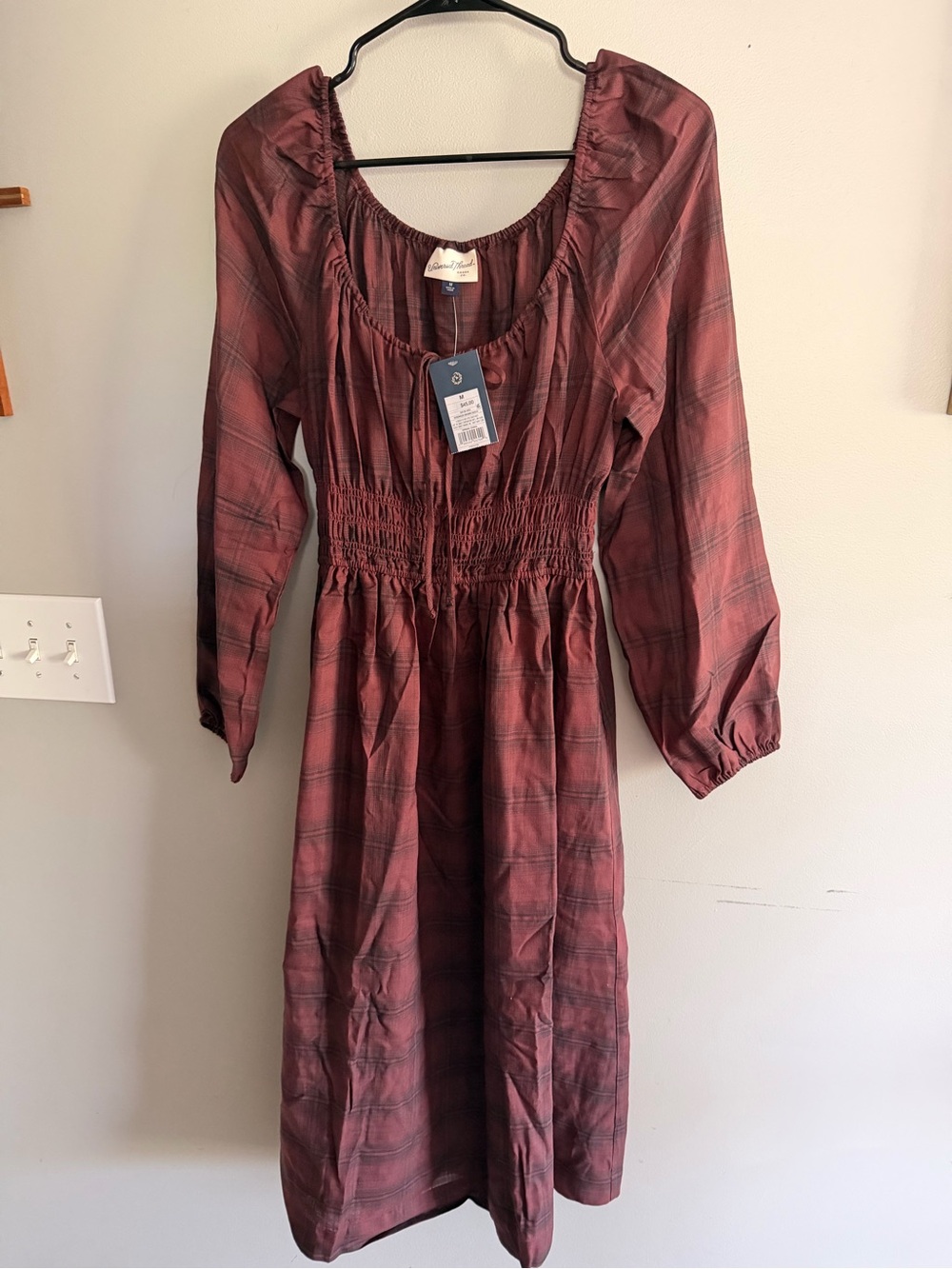 Burgundy Plaid Long Sleeve Midi A Line Dress size M - Picture 2 of 5